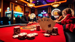 RR88 players enjoying a thrilling poker game with high-stakes chips and casino ambiance.