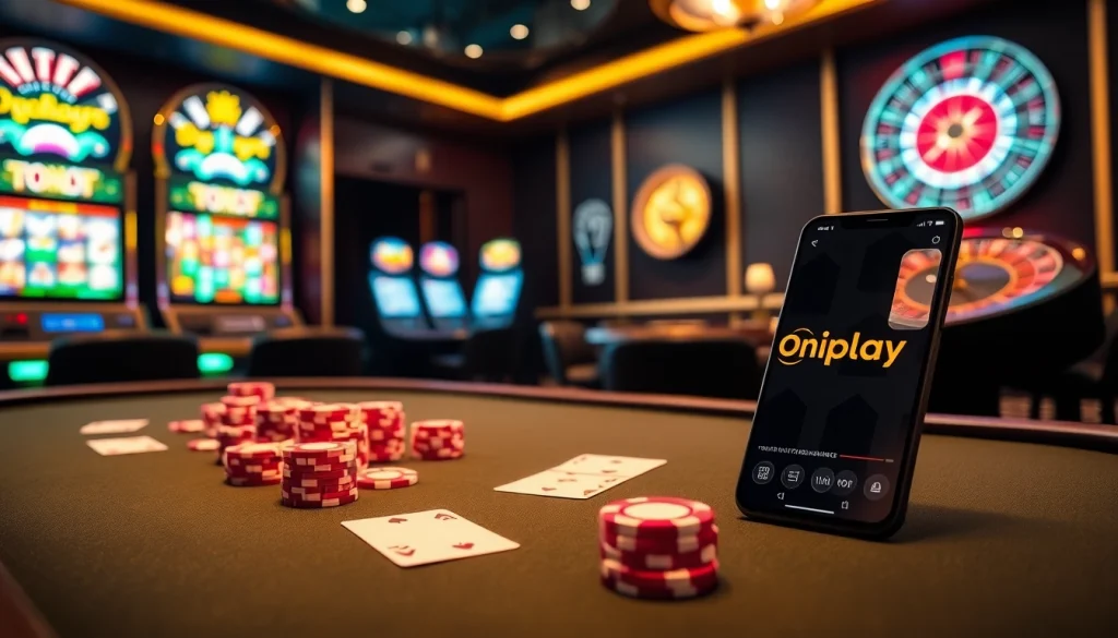 Engaging scene of online gambling with Onicplay elements, poker chips, and vibrant casino graphics.
