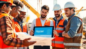 Show a collaborative team studying nccer certification materials on a construction site.