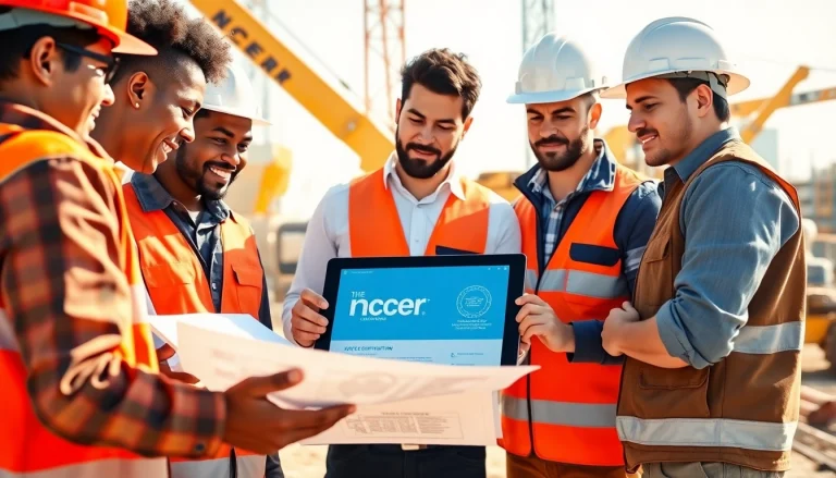 Show a collaborative team studying nccer certification materials on a construction site.