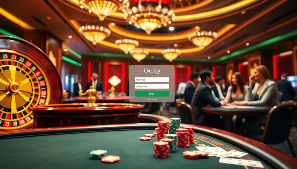 Engage with the oxplay login interface amidst a vibrant casino scene featuring roulette and poker.
