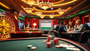 Engage with the oxplay login interface amidst a vibrant casino scene featuring roulette and poker.