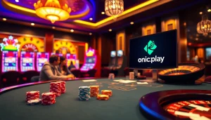 Gambling scene depicting link alternatif onicplay with poker chips and roulette wheel in a luxurious casino