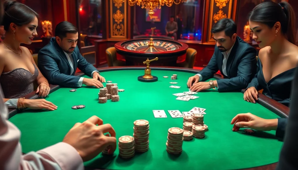 Xôi Xoài TV showcases a high-stakes poker game in a luxurious casino atmosphere with vibrant colors.