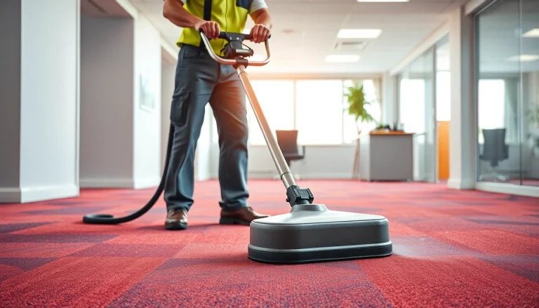 Enhancing commercial carpet cleaning with a professional technician in an office setting.