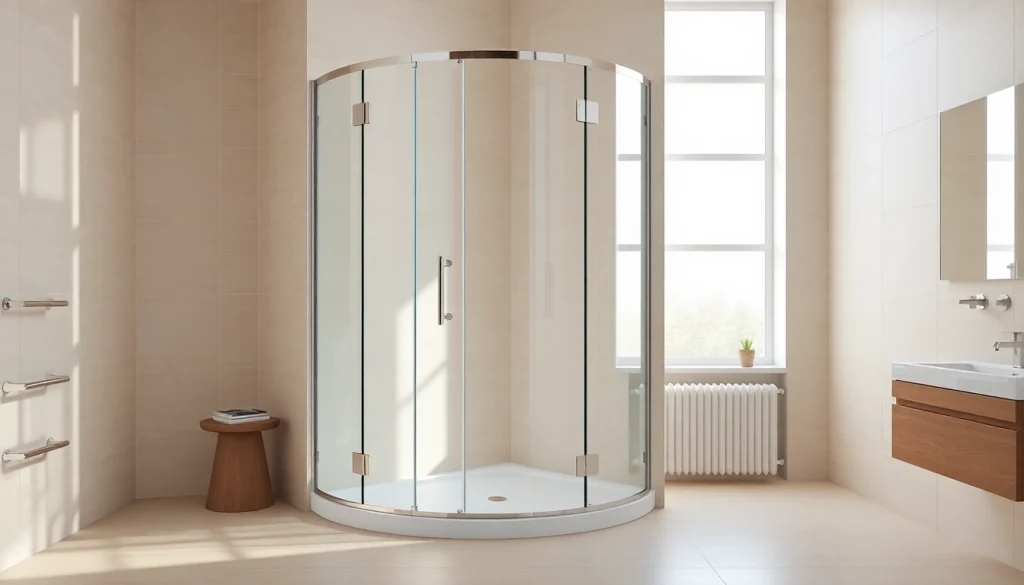 Showcase a stylish corner shower enclosure in a modern bathroom for an elegant home upgrade.