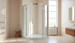 Showcase a stylish corner shower enclosure in a modern bathroom for an elegant home upgrade.
