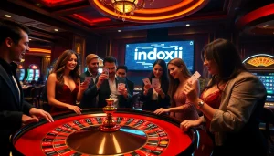 Indoxxi enthusiasts enjoying an exciting casino atmosphere with roulette and poker games.