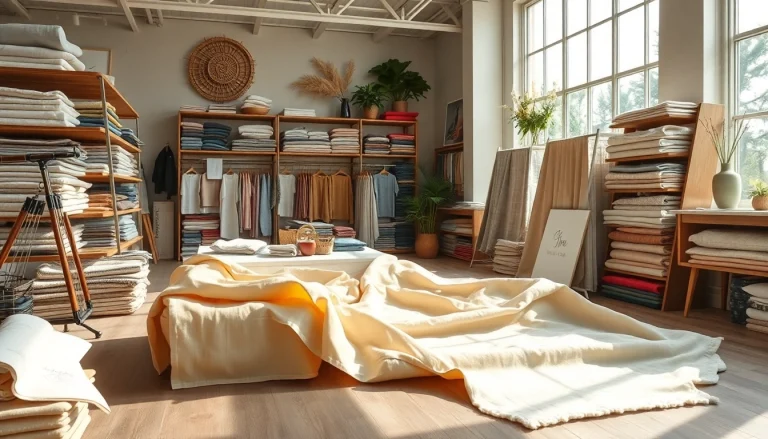 Linnen stoffen in diverse kleuren en texturen in een uitnodigende stoffenwinkel.