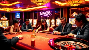 Experience high-stakes gaming at MM88 with professional poker players and vibrant casino elements.