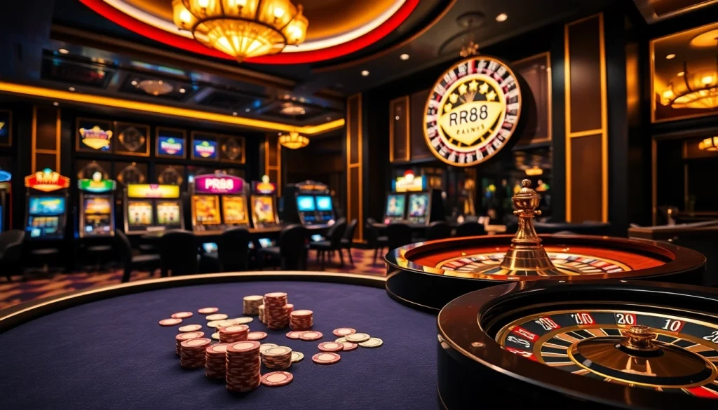RR88 showcases vibrant casino action with poker chips, cards, and slot machines, highlighting thrilling gameplay.