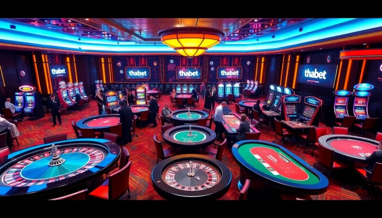 Thabet branding at a bustling casino filled with poker tables and slot machines.