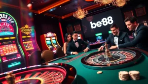 Experience the thrill of gaming at Bet88 with blackjack tables and vibrant slot machines.