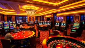 SODO casino players engaged in a high-stakes game with vibrant slot machines and roulette tables.
