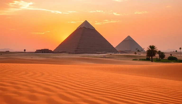 Pyramids at sunrise showcasing the majestic structures of piraminds amid a desert landscape.