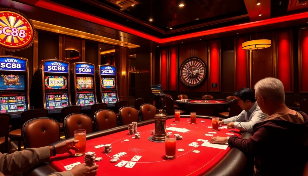 Players enjoying a thrilling poker game while the sc88 slots add excitement to the atmosphere.