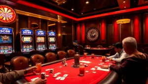 Players enjoying a thrilling poker game while the sc88 slots add excitement to the atmosphere.