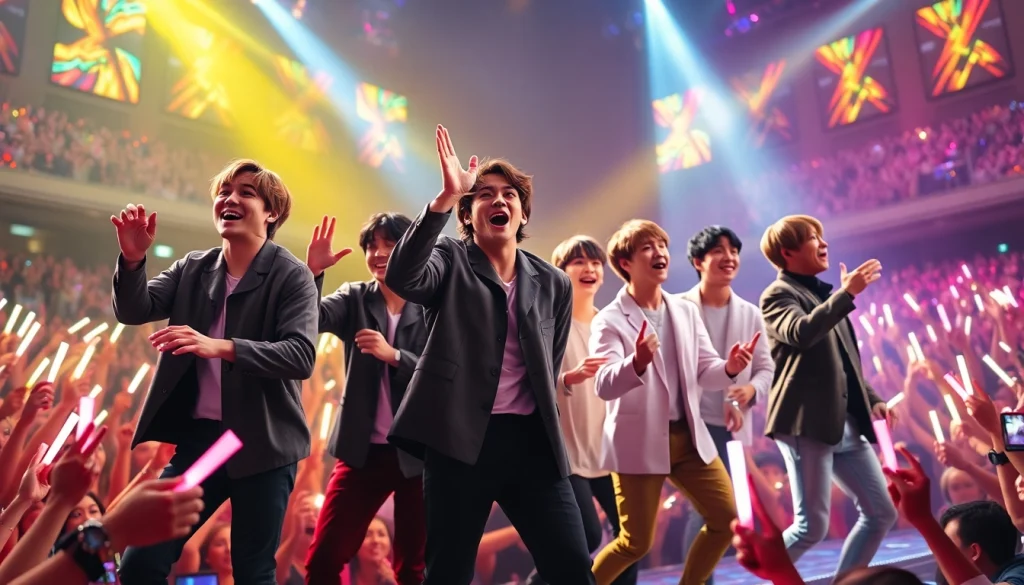 BTS news updates from a live performance with vibrant lighting and engaged audience.