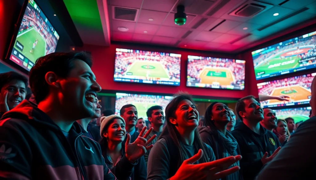 Exciting atmosphere of 토토스토리 sports betting with fans cheering at live games.