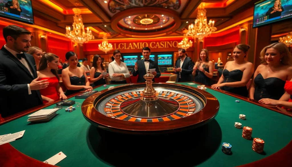 Scène captivante au meilleur casino en ligne montrant des joueurs à une table de roulette.
