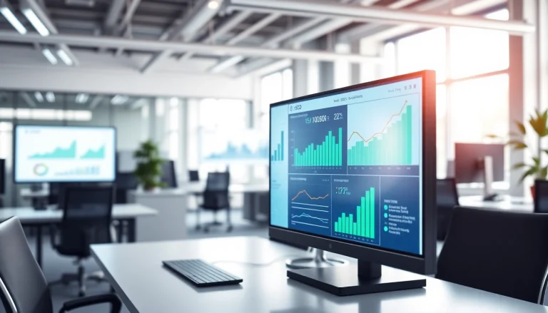 Engaging visualization of SEO Rank Tracker on multiple screens in a modern office space.