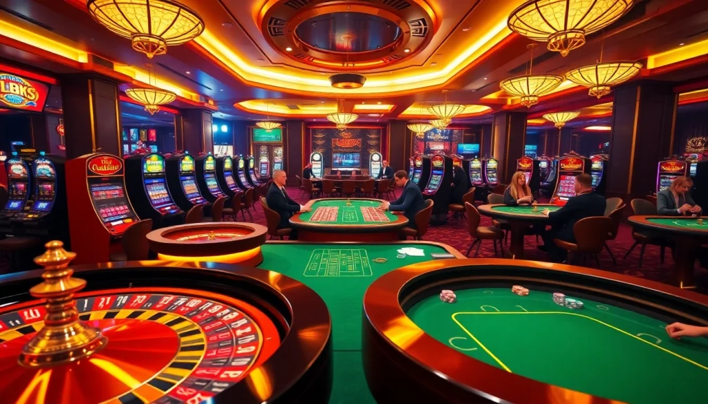 Experience the thrill of LUCK8 at a luxurious casino with vibrant slot machines and roulette tables.