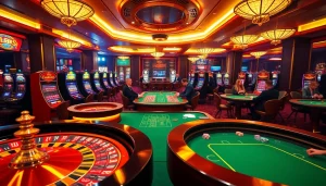 Experience the thrill of LUCK8 at a luxurious casino with vibrant slot machines and roulette tables.