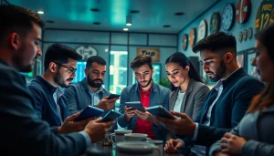 Group analyzing sports data in a safe betting environment representing μμ΄λ§¨'s trust and community.