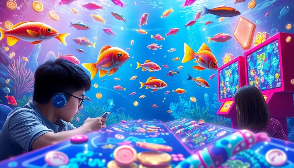 Bắn cá đổi thưởng players immersed in thrilling gameplay, showcasing vibrant underwater visuals, coins, and exciting win moments in 3D.