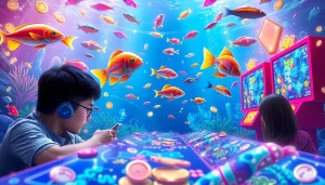 Bắn cá đổi thưởng players immersed in thrilling gameplay, showcasing vibrant underwater visuals, coins, and exciting win moments in 3D.