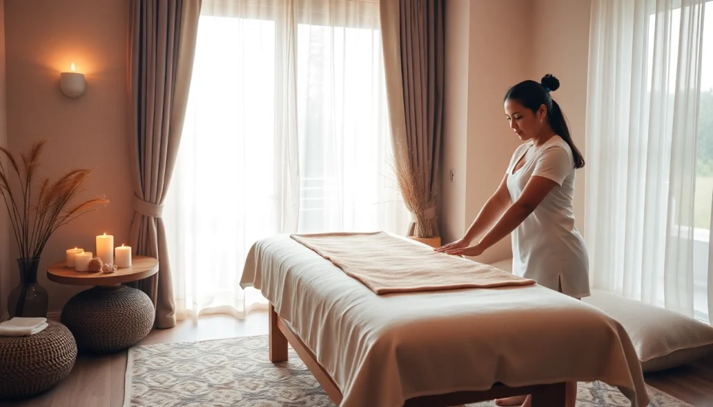 전문 수원출장마사지 치료사가 차분한 가정 마사지 세션을 준비하고 있습니다.