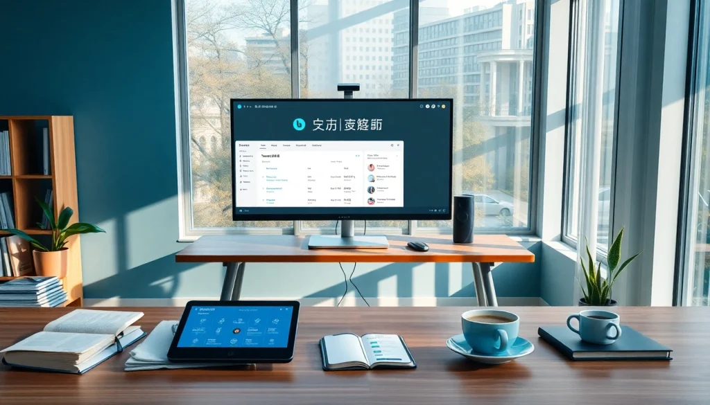 Modern workspace featuring 有道翻译 interface on multiple screens, symbolizing advanced translation technology.