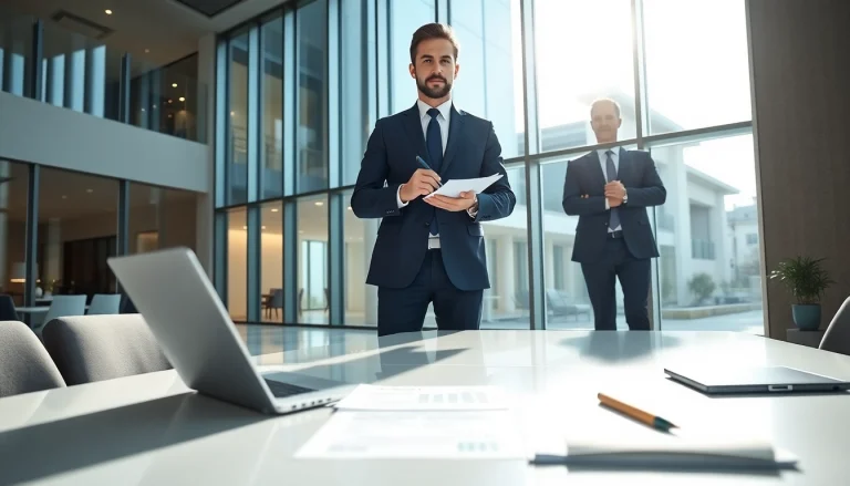 Professional scene depicting family holding Luxembourg strategies in a modern office setup.