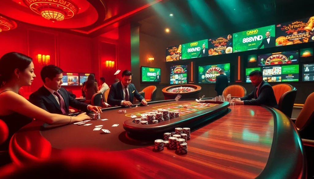 Experience the excitement of online gambling at 888VND's dynamic casino tables filled with poker chips.