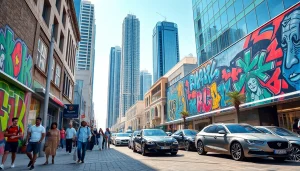 Experience the vibrancy of City Life Dubai through a bustling urban scene filled with diverse people and skyscrapers.