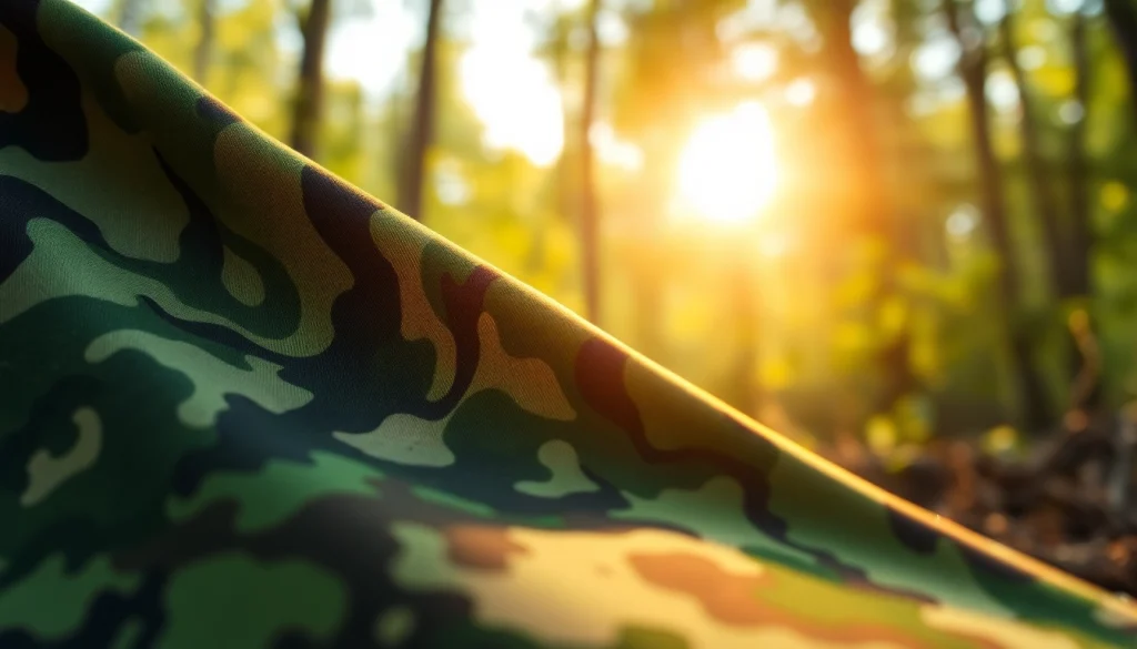 Bekijk camouflage print stoffen met unieke patronen in een natuurlijke omgeving.