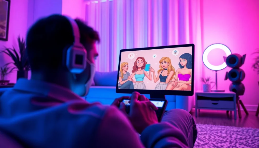 Navigating a futuristic NSFW AI chat platform with illustrated AI girlfriends, showcasing engagement and playful interaction.