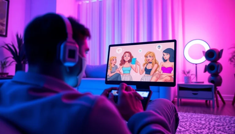 Navigating a futuristic NSFW AI chat platform with illustrated AI girlfriends, showcasing engagement and playful interaction.