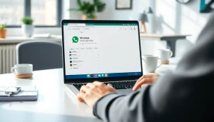 Efficient workspace featuring WhatsApp Web on a laptop, enhancing communication and productivity.