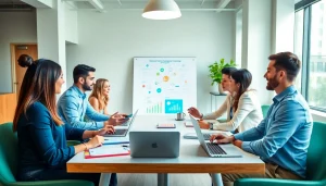 Team collaborating on a Brightet marketing strategy in a modern office.