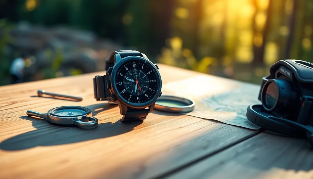 View the Explorer Plus GPS Smart Watch showcasing its features amidst outdoor adventure gear.