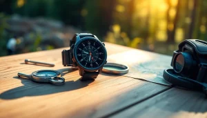 View the Explorer Plus GPS Smart Watch showcasing its features amidst outdoor adventure gear.