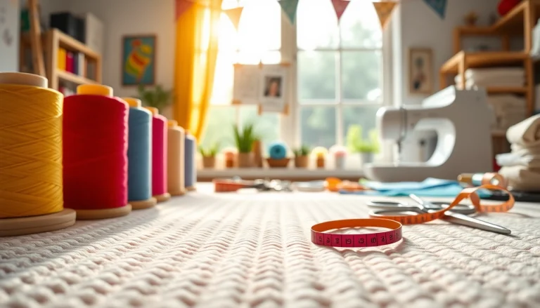 Wafeldoek met kleurrijke garen en naaimateriaal op een creatief bureau.