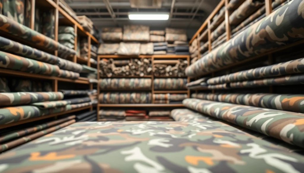 Showcasing camouflage stoffen in diverse patronen en texturen in een textielshowroom.