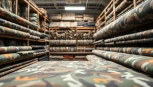 Showcasing camouflage stoffen in diverse patronen en texturen in een textielshowroom.