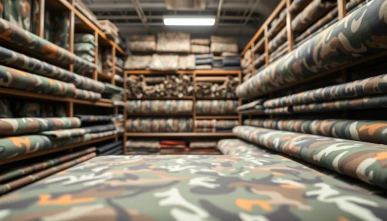 Showcasing camouflage stoffen in diverse patronen en texturen in een textielshowroom.
