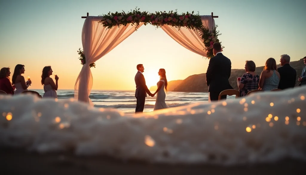 Big Sur wedding photographer captures a stunning seaside wedding with golden sunset lighting.