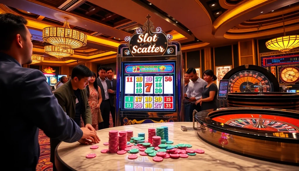 Players enjoying Slot Scatter Hitam at a luxurious casino, showcasing excitement and rich colors.
