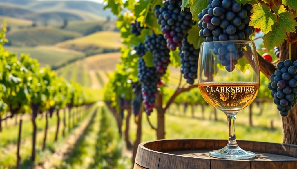 Enjoy Clarksburg wines in a scenic vineyard featuring lush grapevines and a rustic barrel.