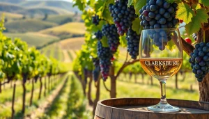 Enjoy Clarksburg wines in a scenic vineyard featuring lush grapevines and a rustic barrel.